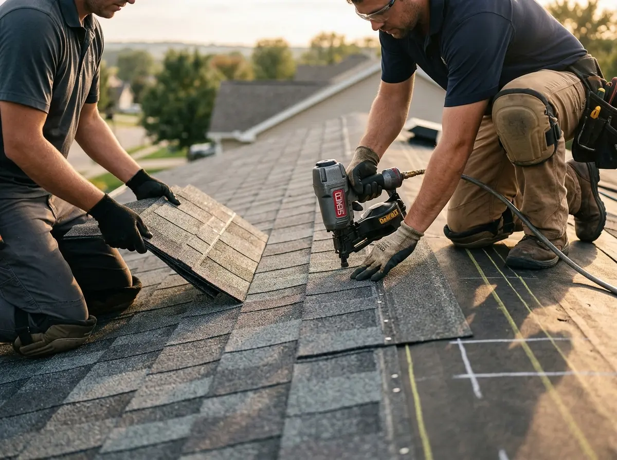 Professional roofer working on a residential roof in Mayo